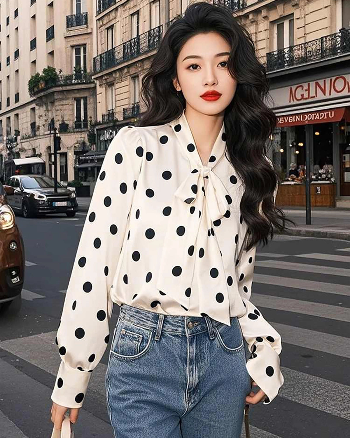 Silk Polka Dot Bow Blouse, White And Black