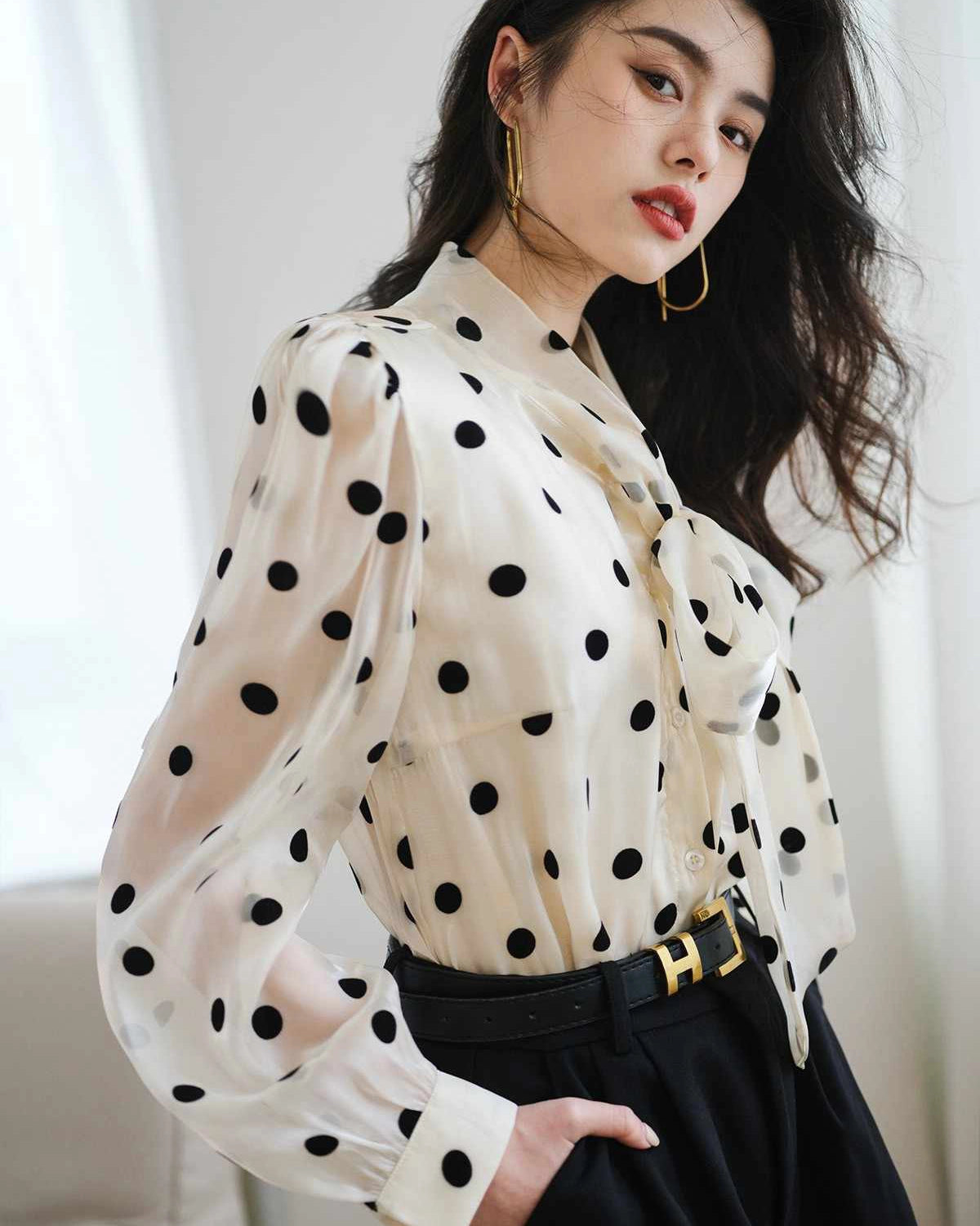 Polka Dot Tie Neck Silk Blouse, White And Black