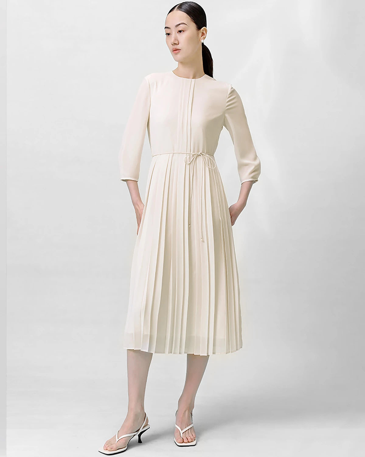 Pleated 3/4 Sleeve Silk Dress - DAISYSILK