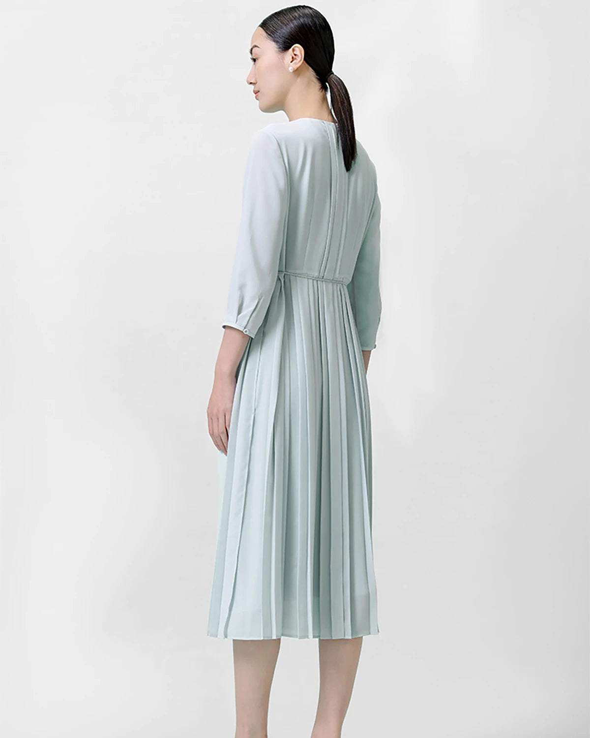 Pleated 3/4 Sleeve Silk Dress, Light Blue