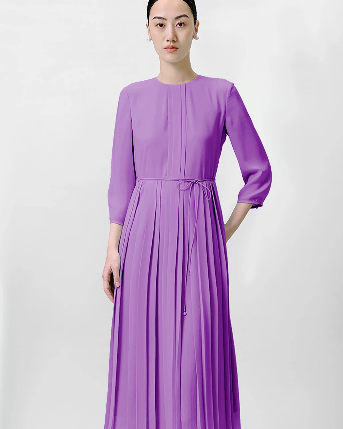 Pleated 3/4 Sleeve Silk Dress, Purple
