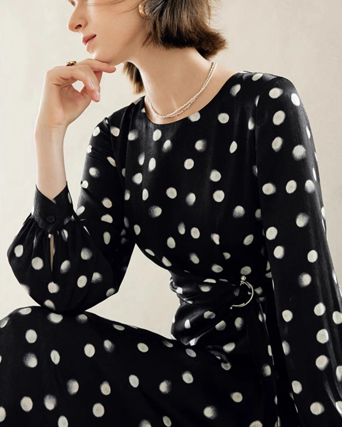 Polka Dot Belted Silk Dress, Black And White