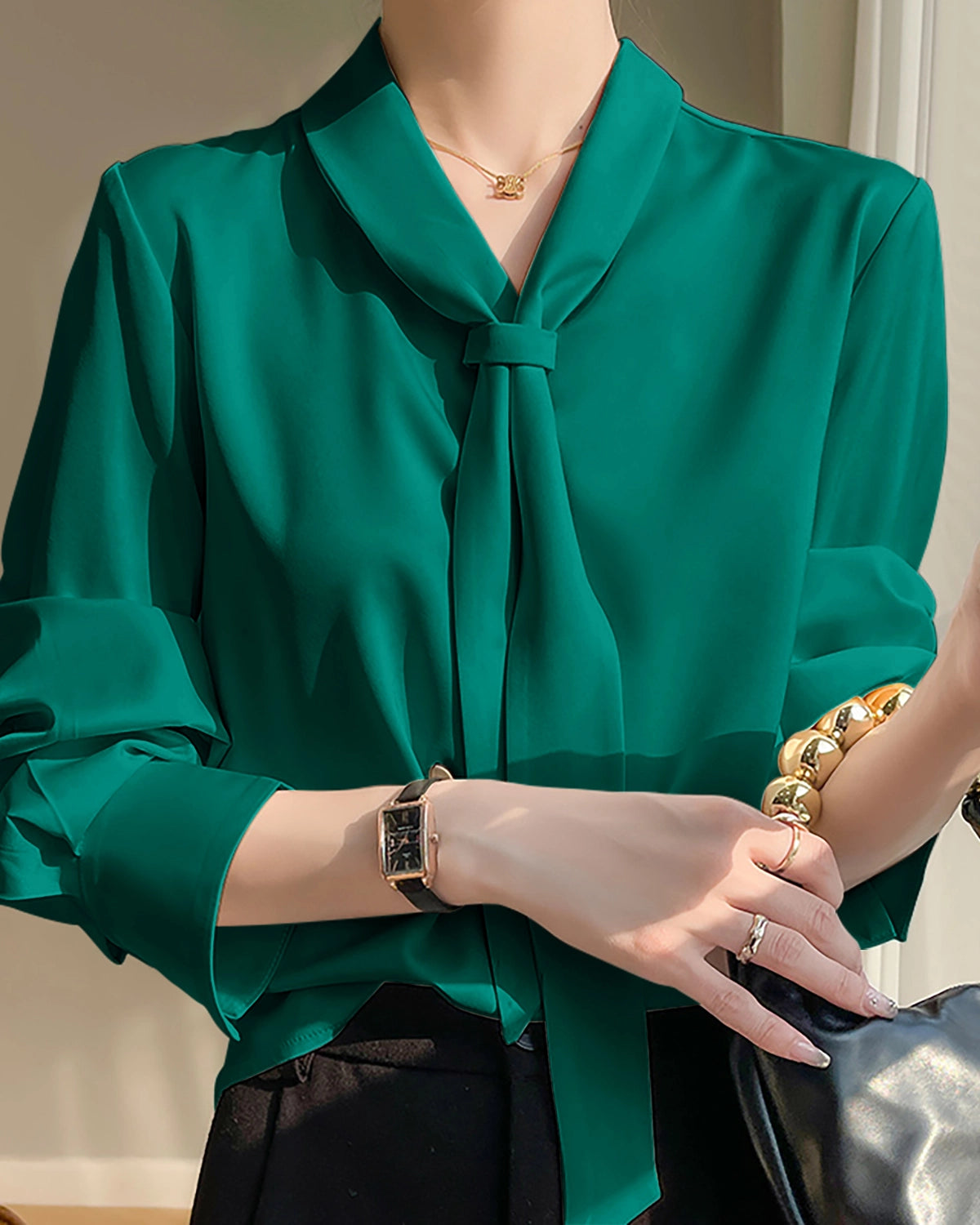 V-neck Tie Front Silk Blouse, Green
