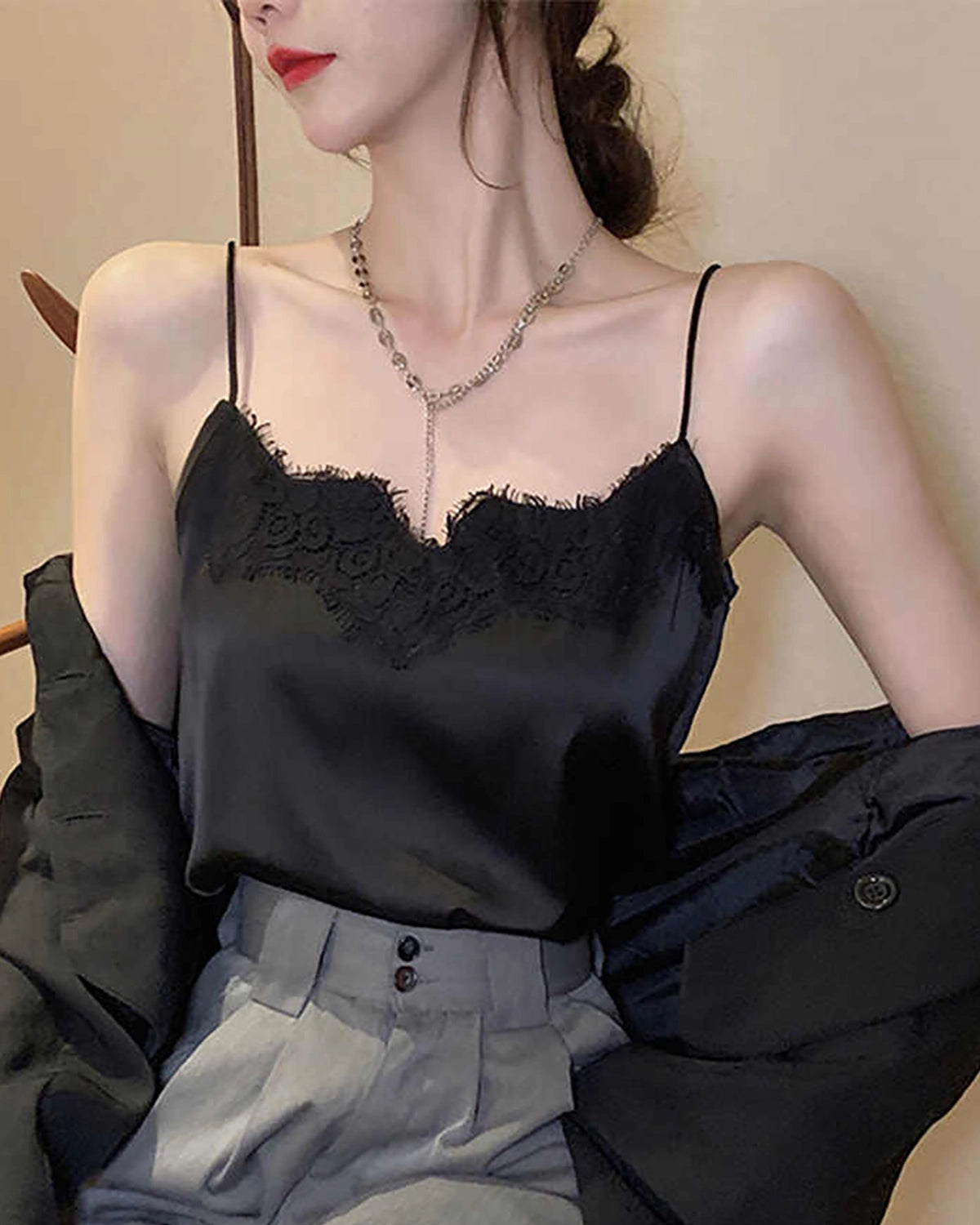 Lace Silk Cami Top, Black