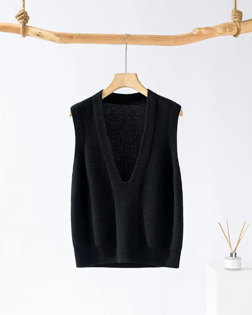Deep V Neck Cashmere Vest, Black