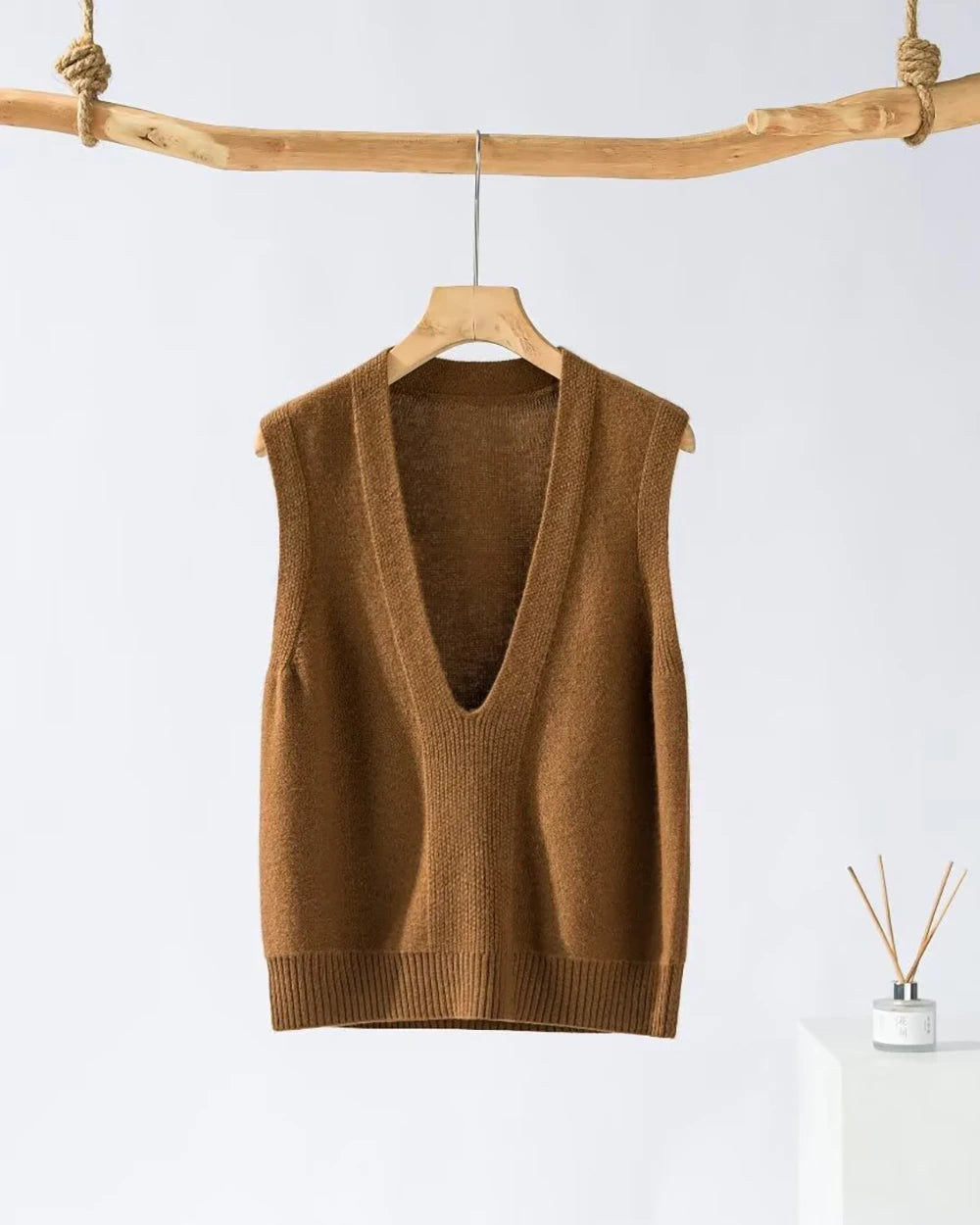 Deep V Neck Cashmere Vest, Brown