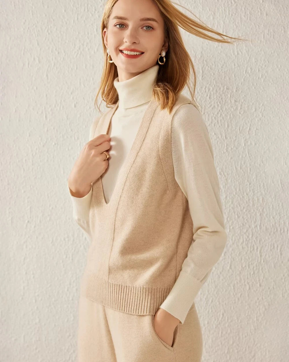 Deep V Neck Cashmere Vest, Camel