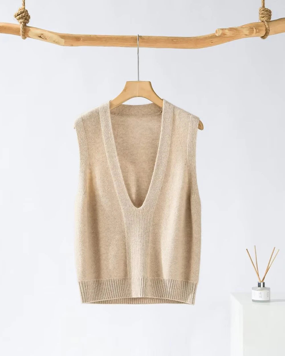 Deep V Neck Cashmere Vest, Camel
