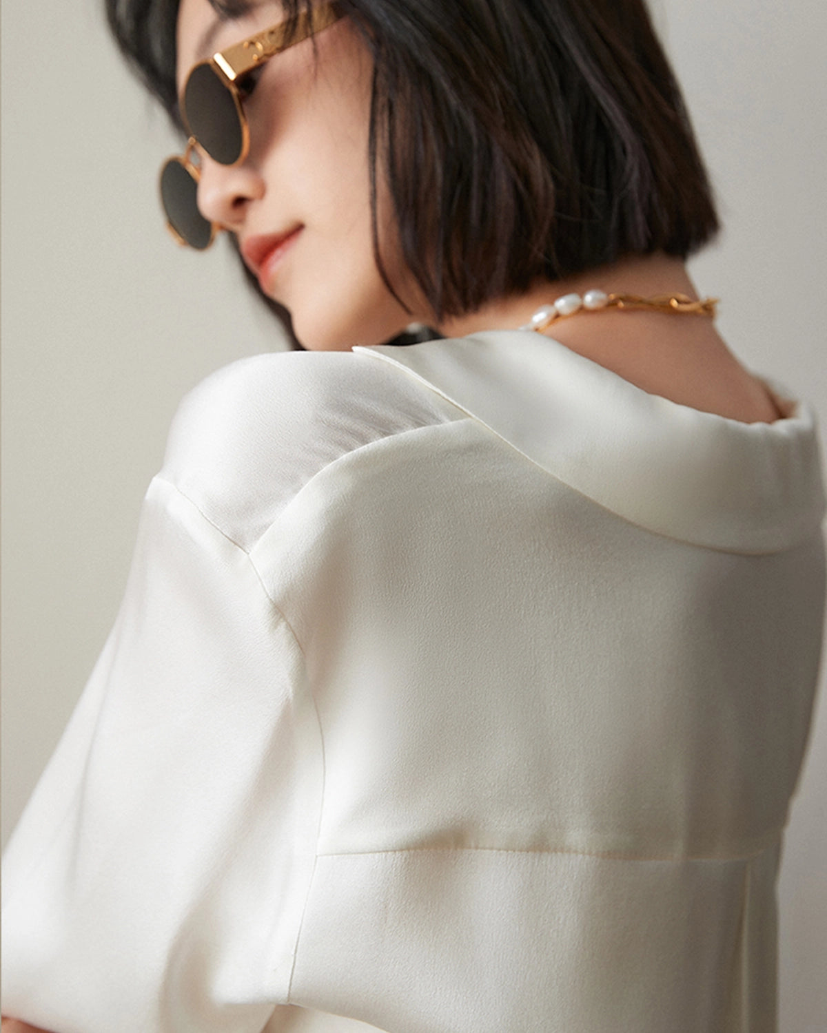 V-neck Lapel Collar Silk Blouse, White