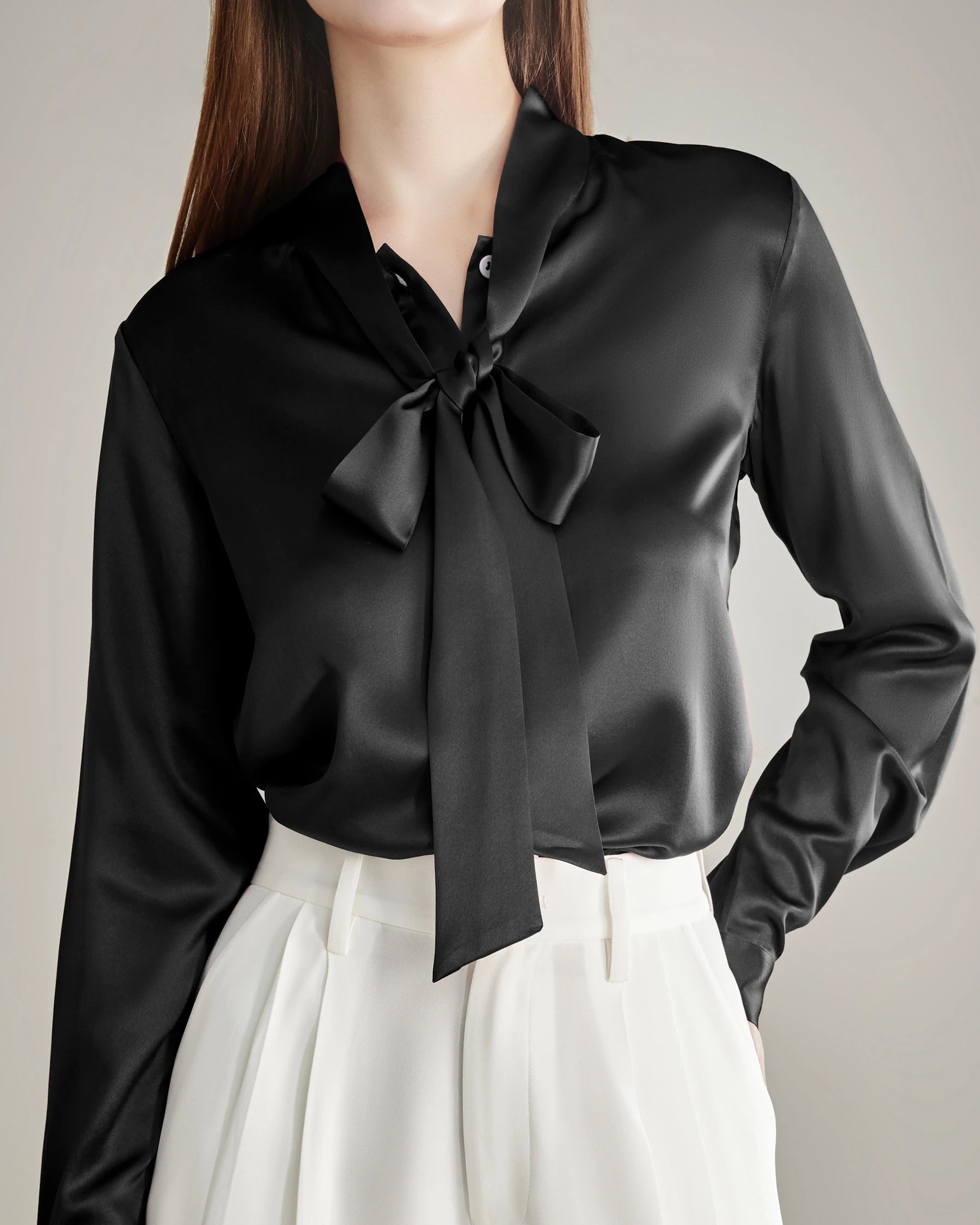 Elegant Silk Bow Tie Blouse Black