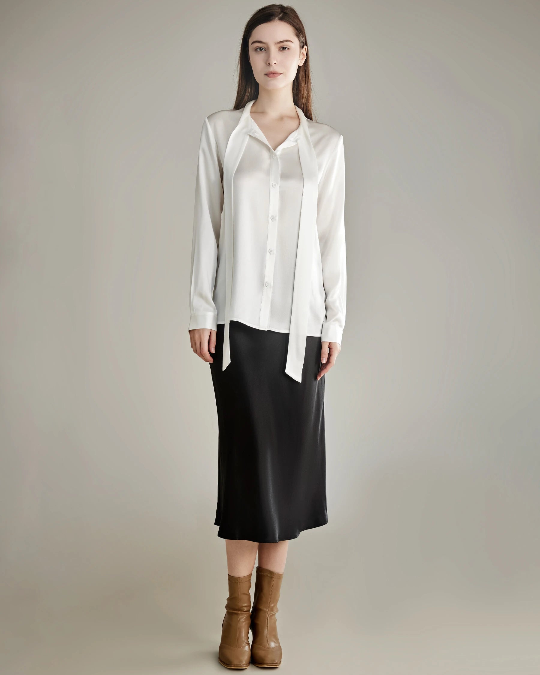 Elegant Silk Bow Tie Blouse Ivory