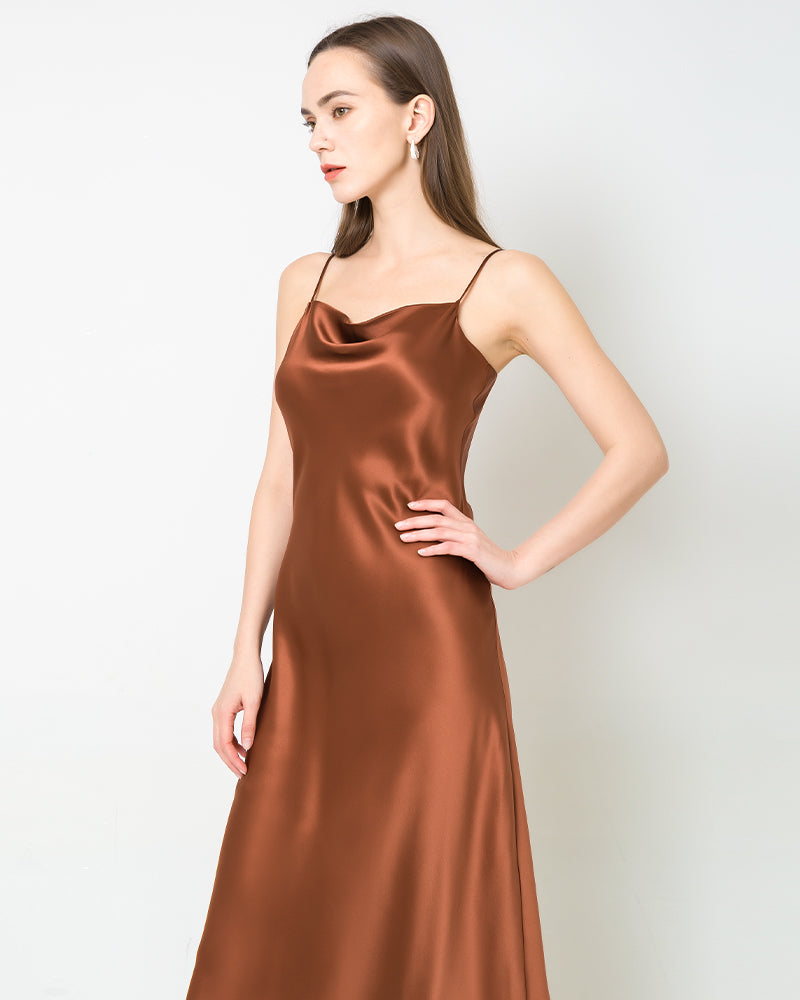 Elegant Silk Dress with Light Cowl Neckline, Brown
