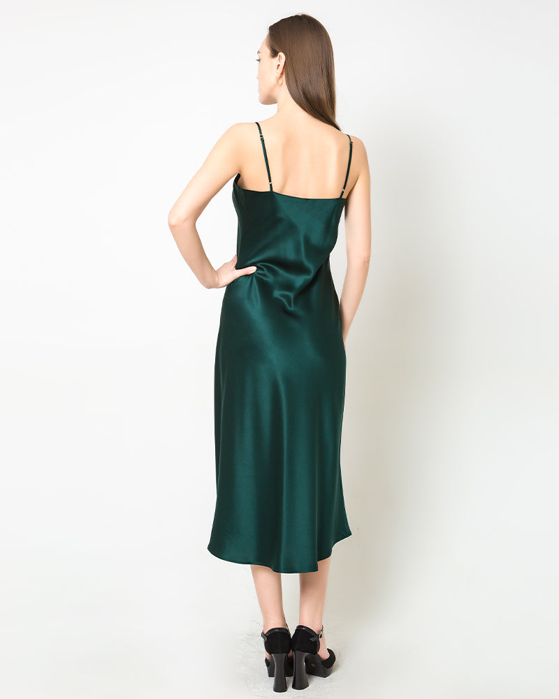 Elegant Silk Dress with Light Cowl Neckline, Emerald