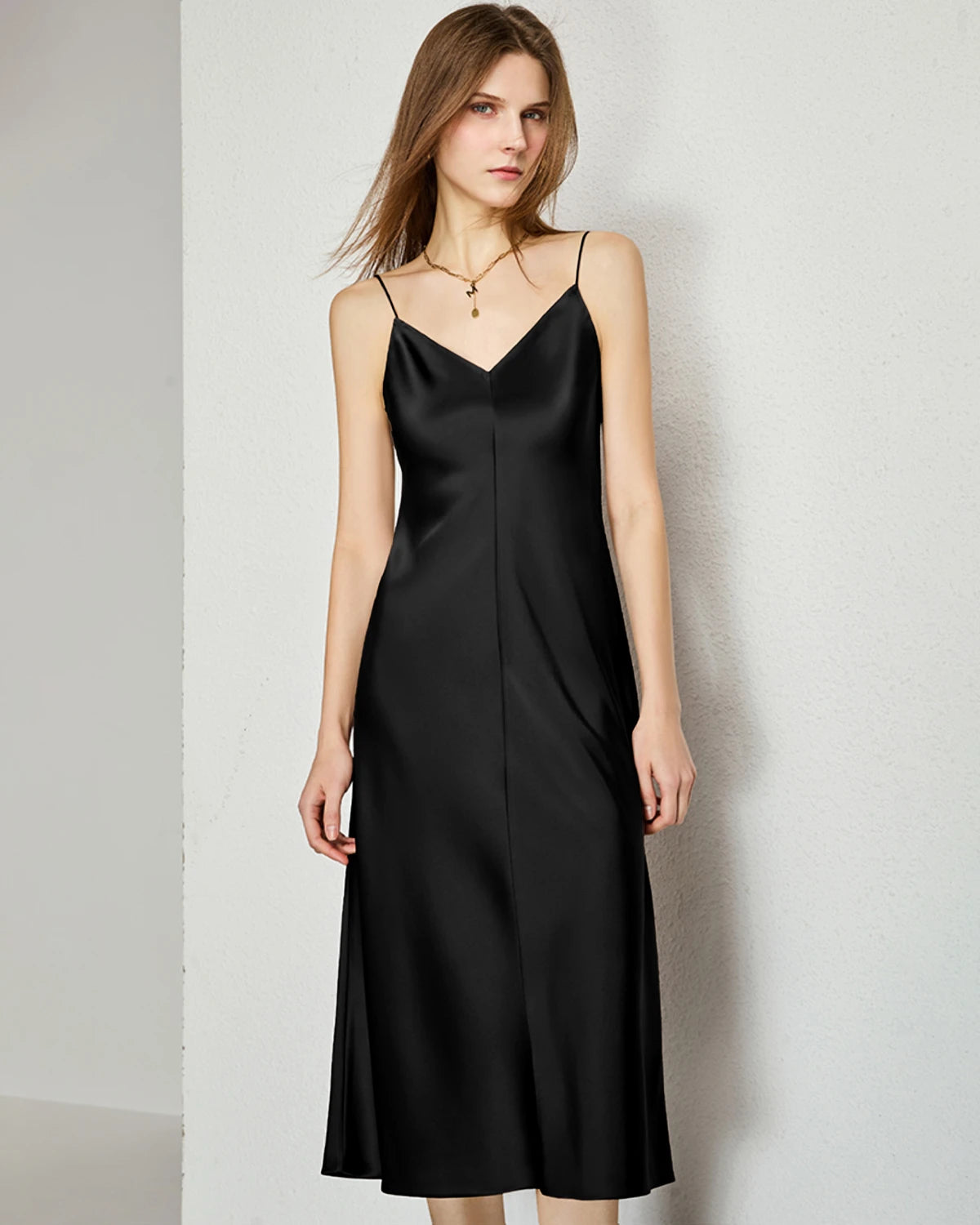 V-neck Silk Slip Midi Dress, Black