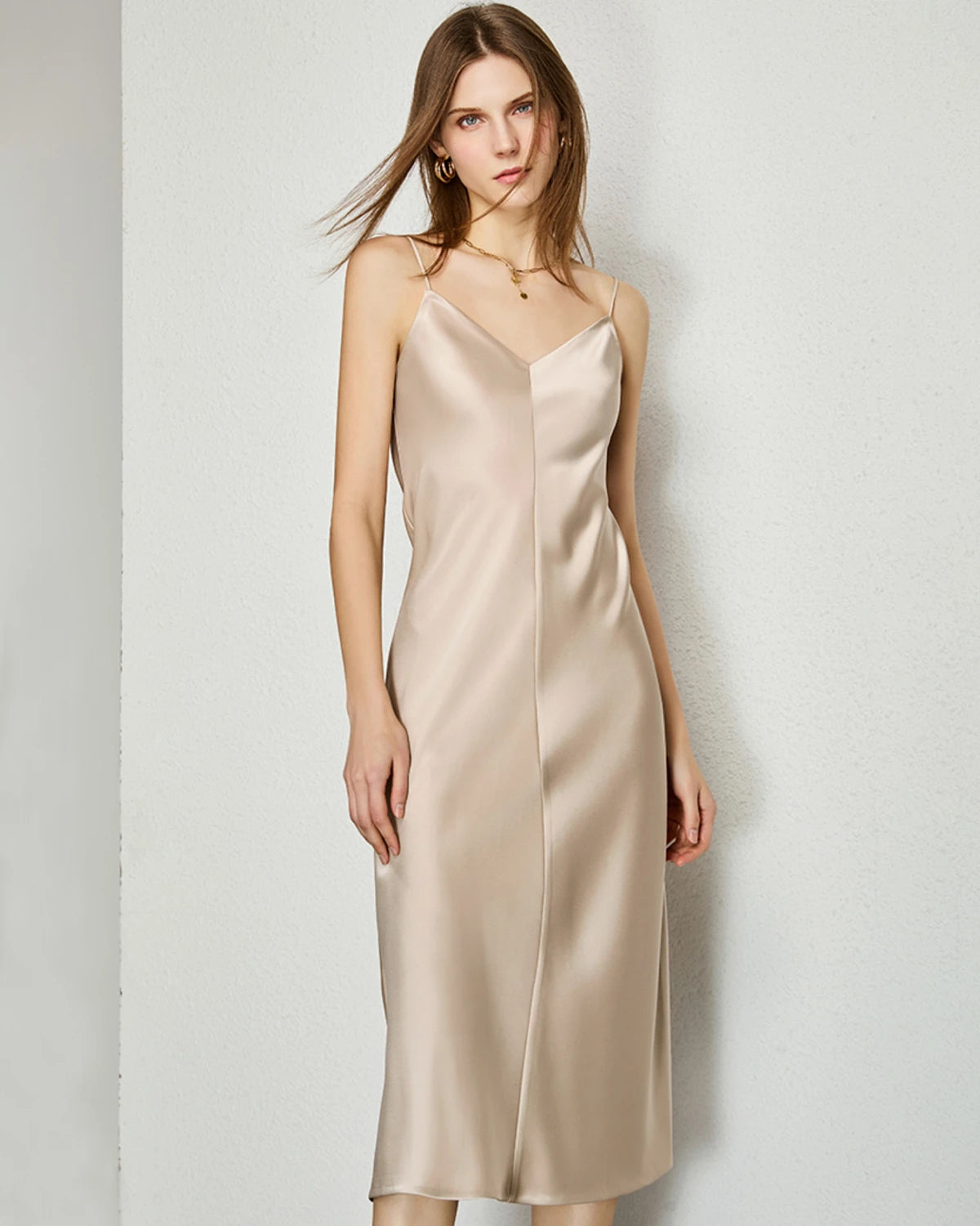 V-neck Silk Slip Midi Dress, Champagne