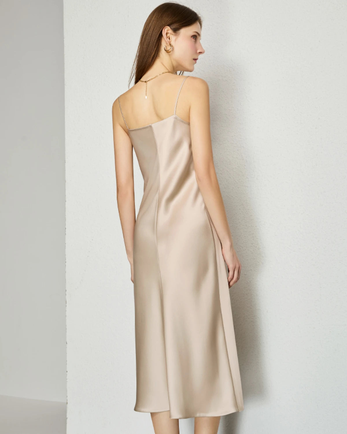 V-neck Silk Slip Midi Dress, Champagne