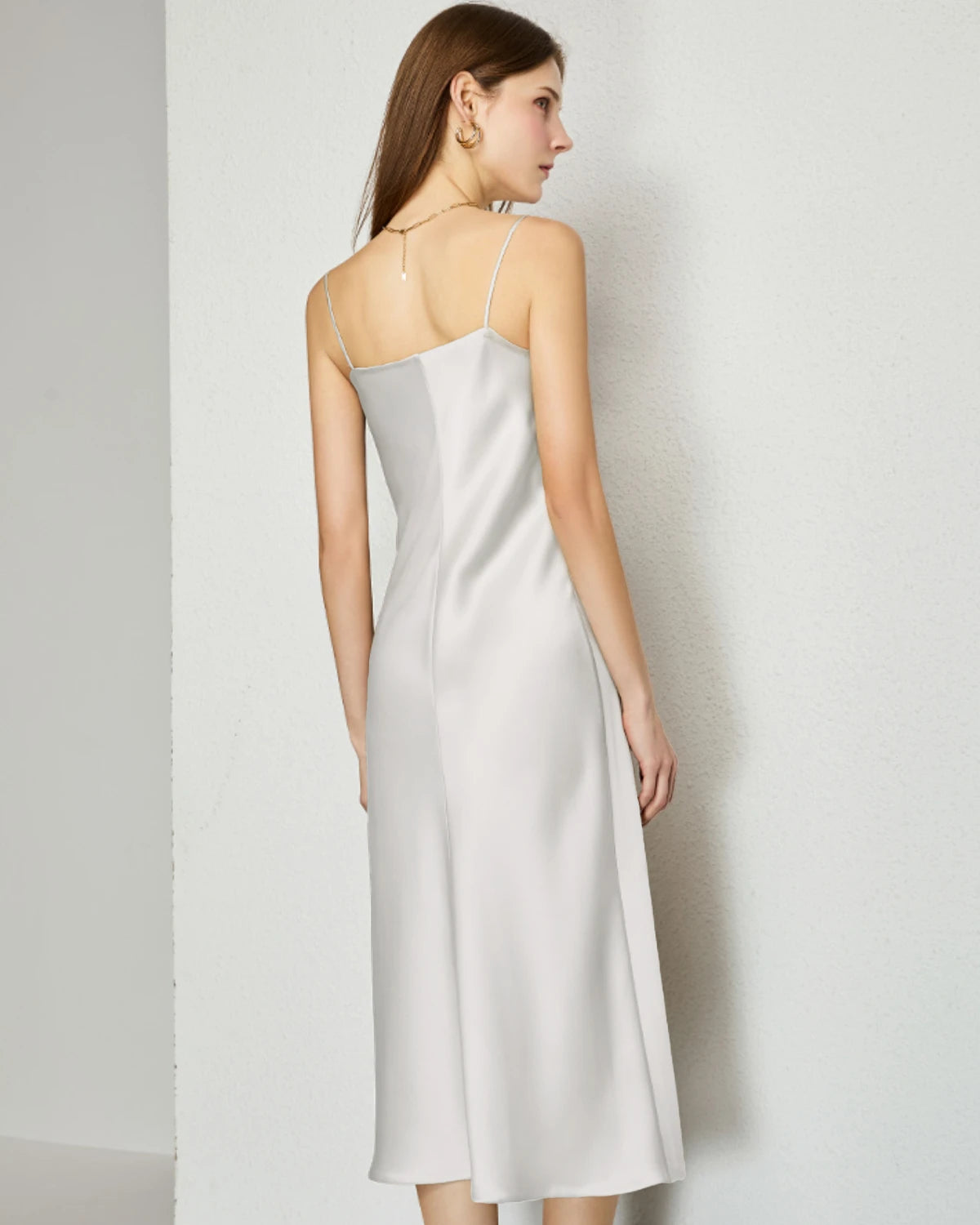 V-neck Silk Slip Midi Dress, White