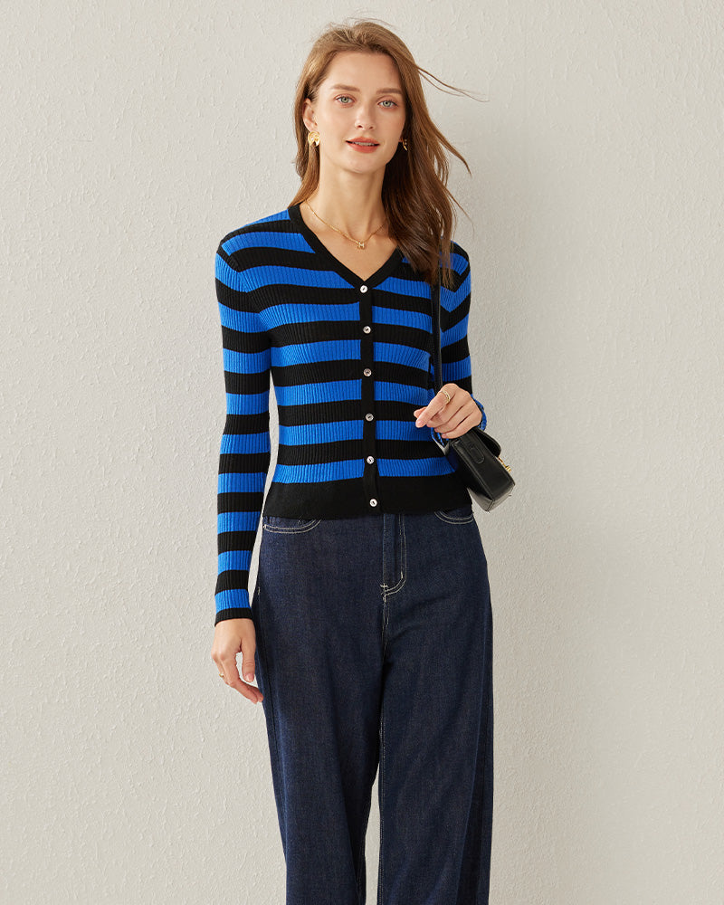 Classic Stripe V-Neck Cardigan, Blue