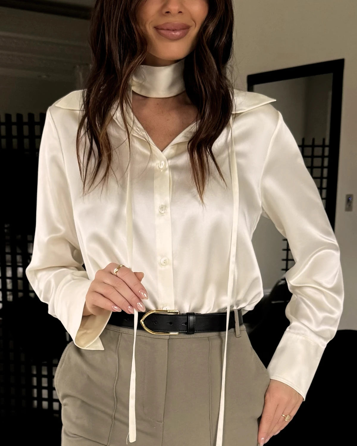Women's Loose Tie Neck Silk Shirt, White