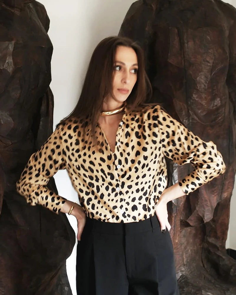 Leopard Print Silk Shirt For Women, Gold