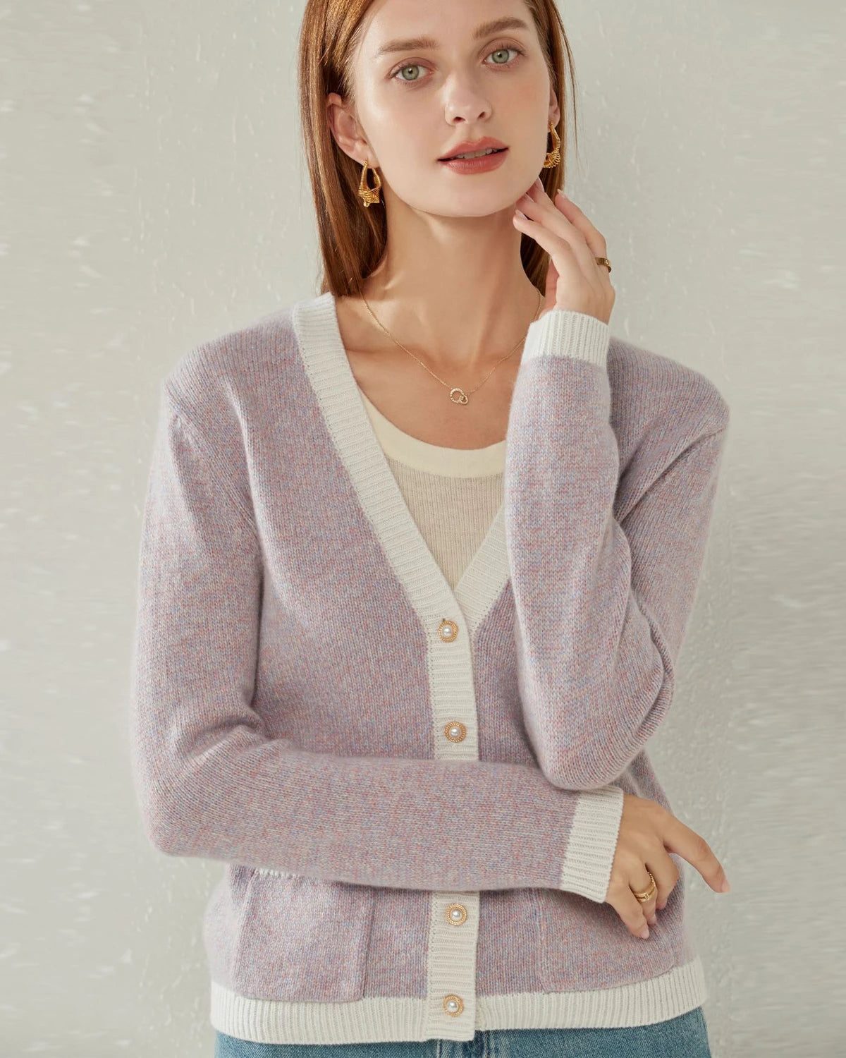 Lilac Cashmere Cardigan with Pearl Button, Lilac and White