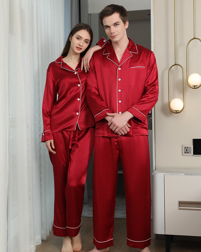 Long Silk Pajama Set For Couples, Burgundy