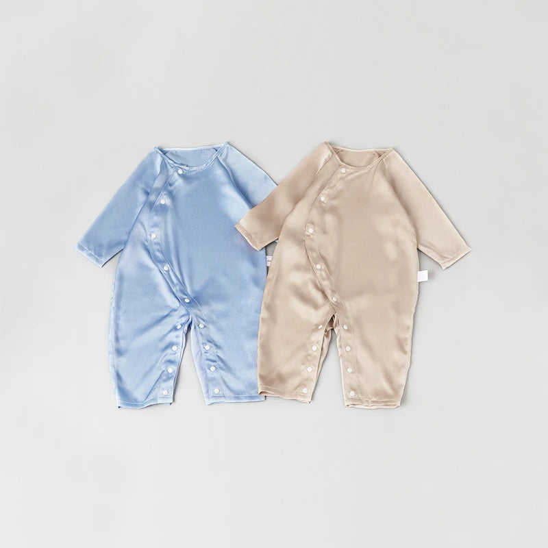Long Sleeve Button Down Baby Silk Onesies, Blue
