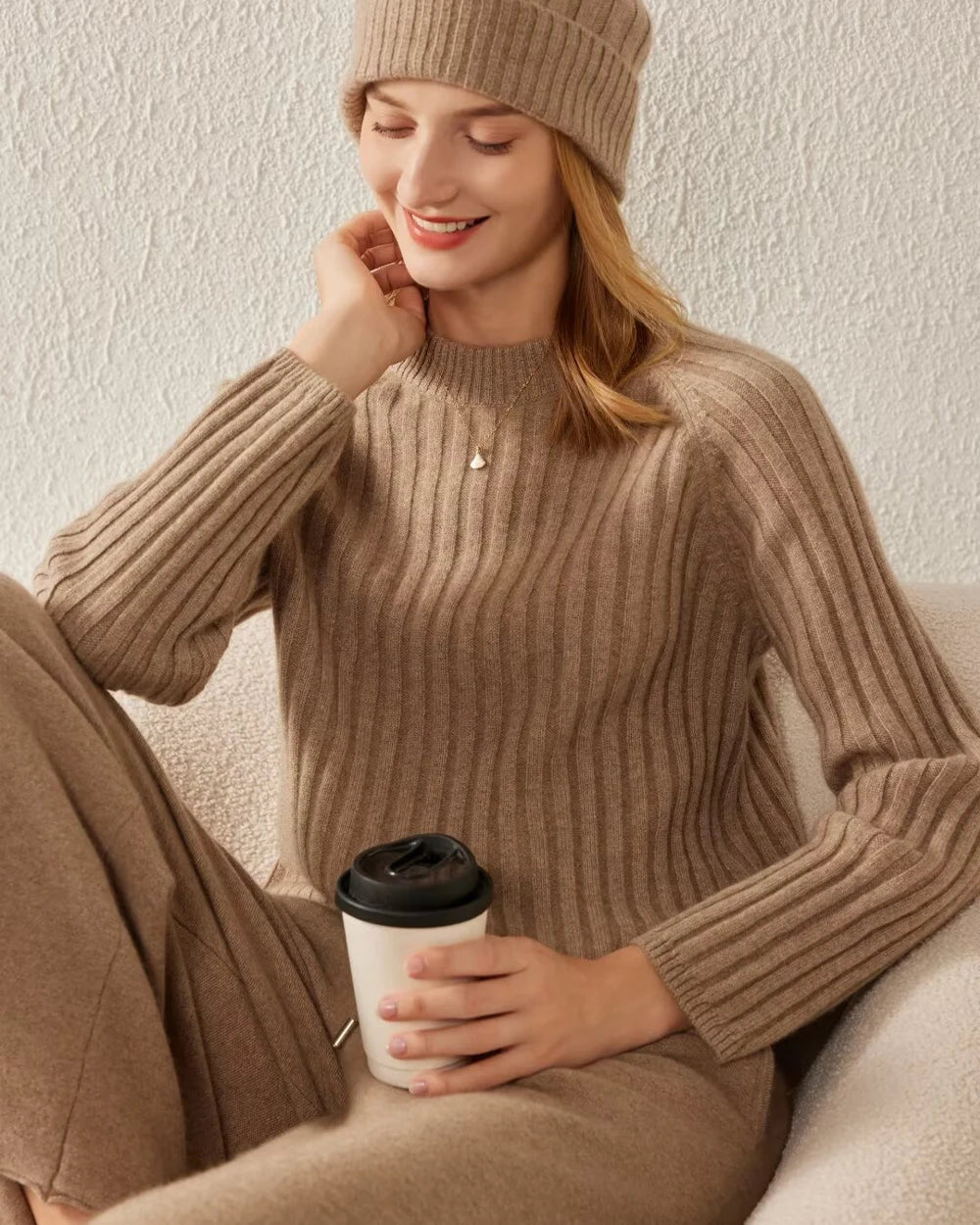 Long Sleeve Ribbed Cashmere Sweater, Dark Camel