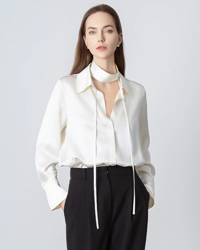 Women's Loose Tie Neck Silk Shirt, White