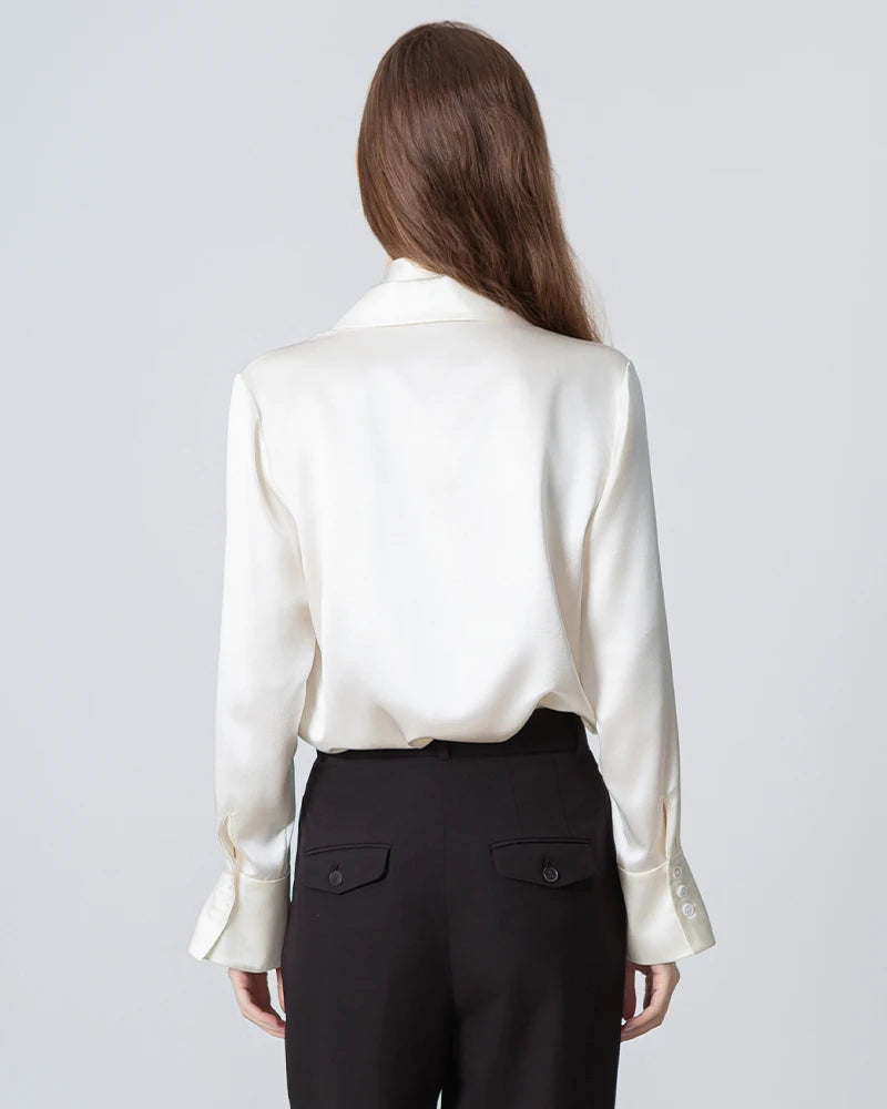 Women's Loose Tie Neck Silk Shirt, White