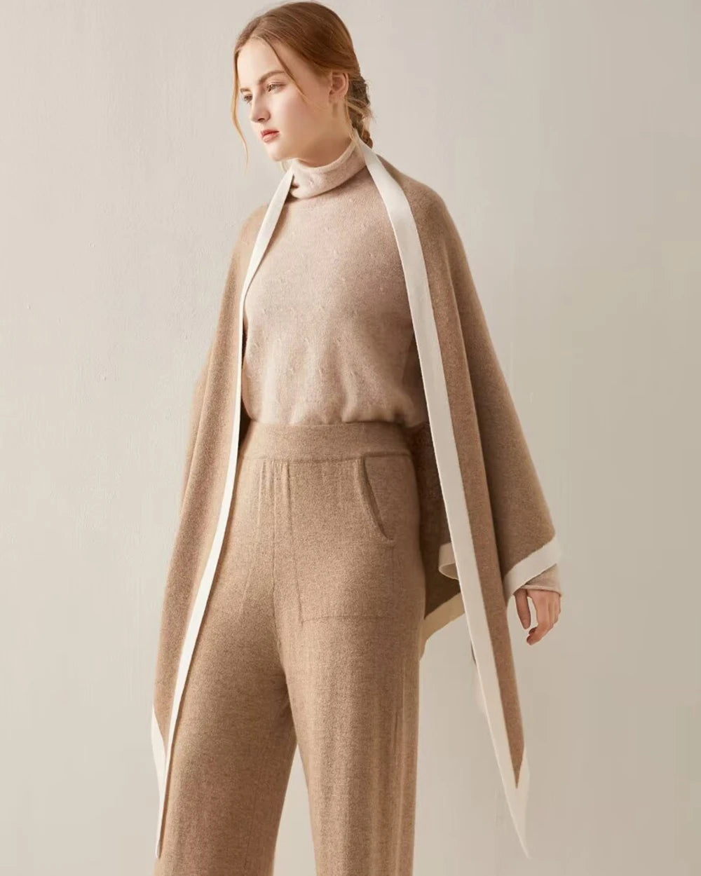 Luxe Cashmere Color-Blocked Wrap, Camel