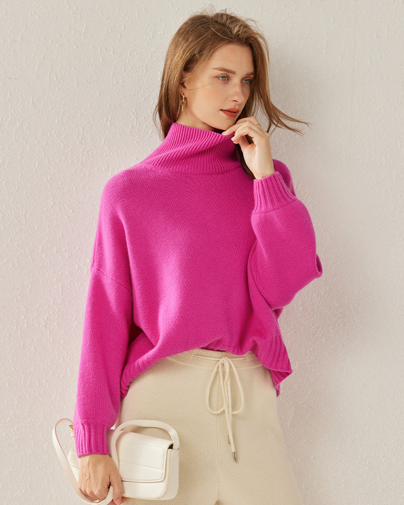 Luxe Oversized Cashmere Turtleneck Sweater, Pink