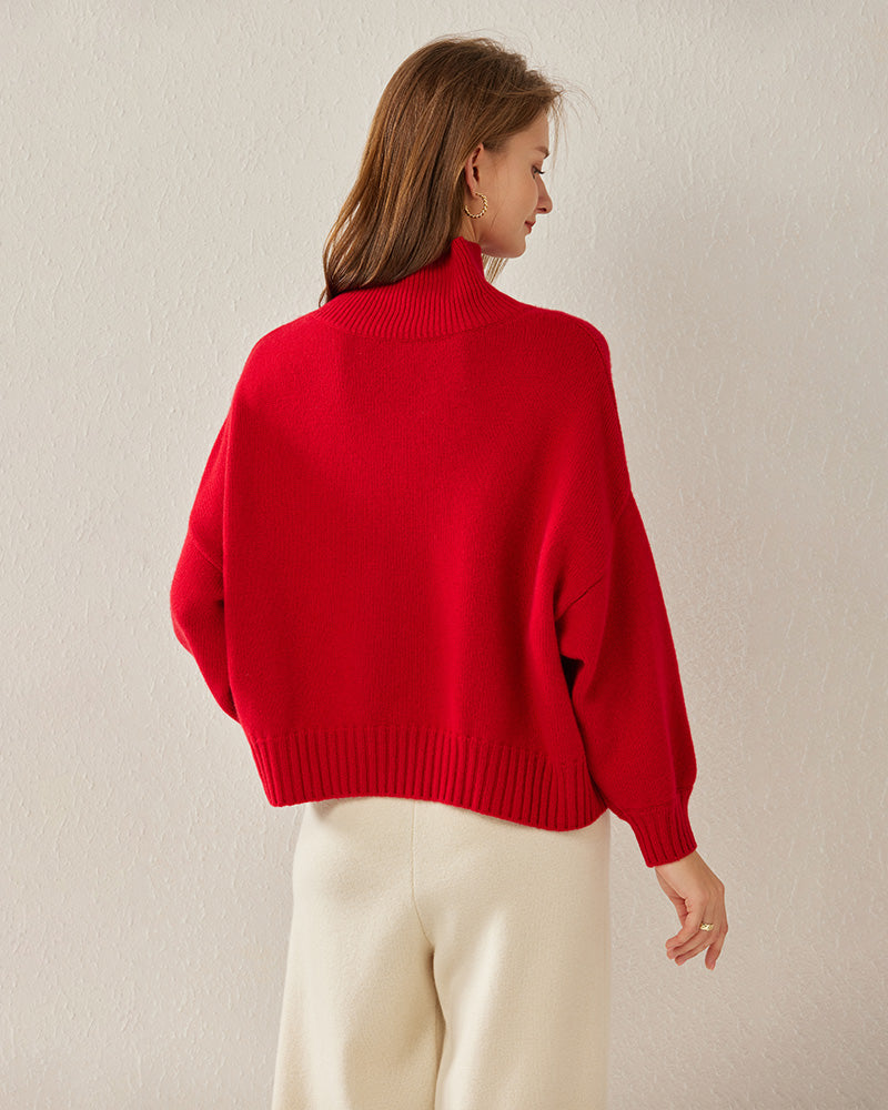 Luxe Oversized Cashmere Turtleneck Sweater, Red