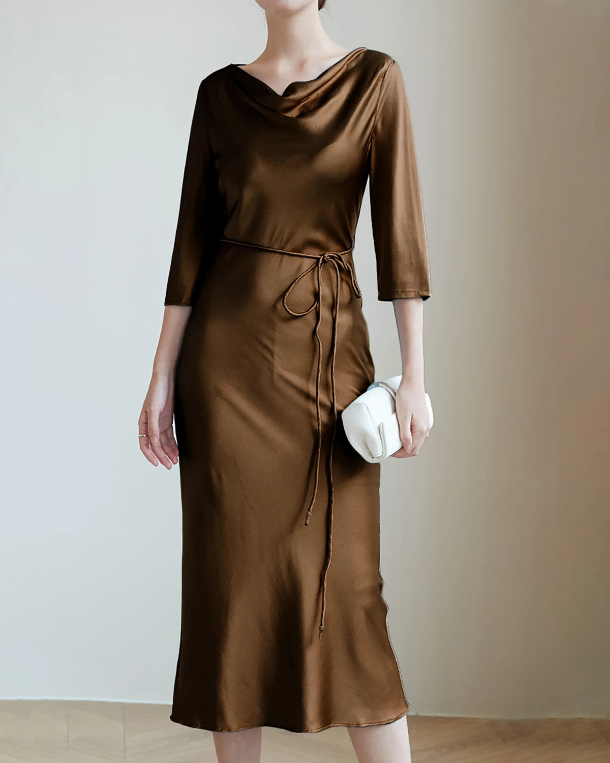 30MM Silk Cowl Neck Dress, Brown
