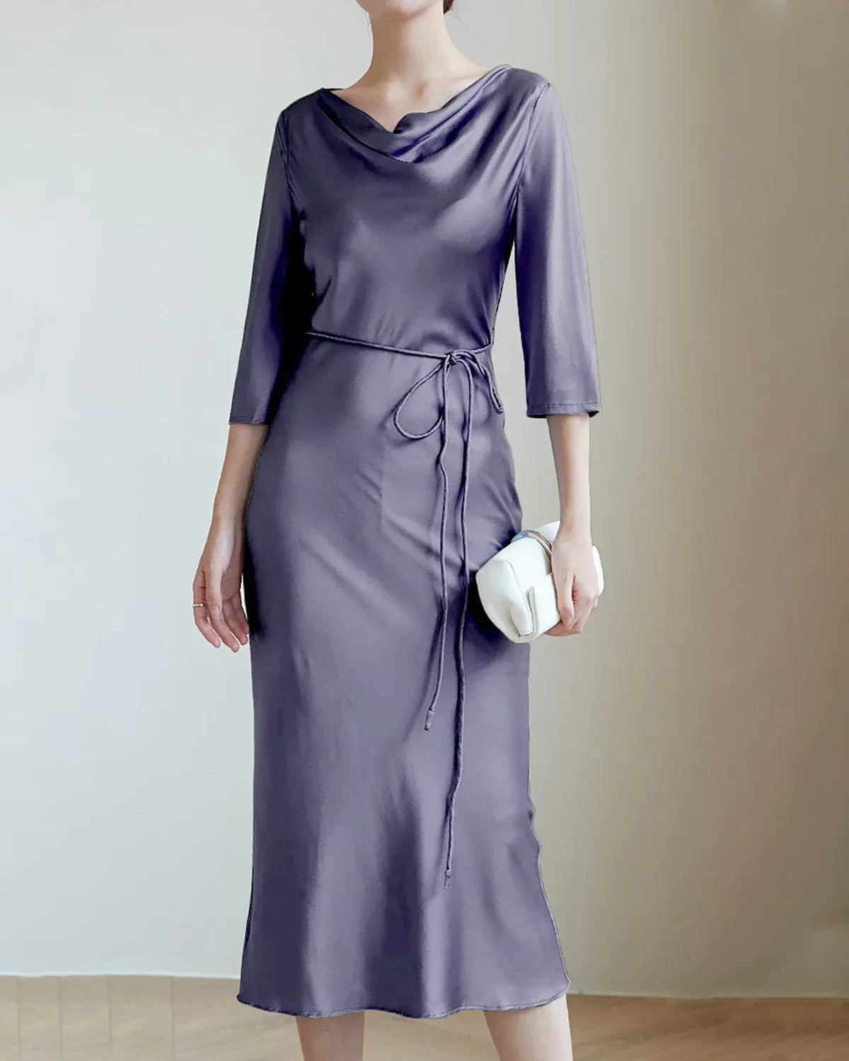 30Momme Silk Cowl Neck Dresses, Dusty Blue