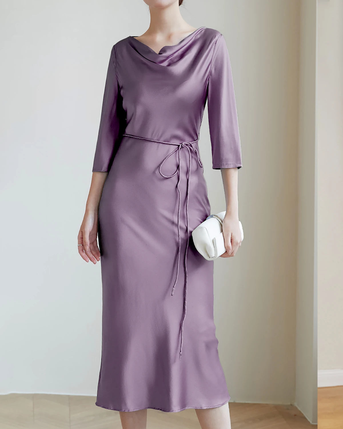 30MM Silk Cowl Neck Dress, Smoky Purple