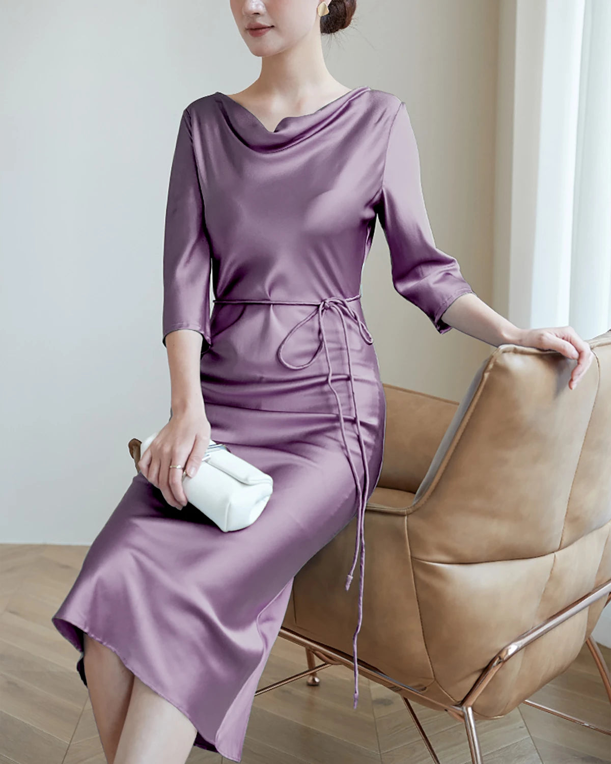 30MM Silk Cowl Neck Dress, Smoky Purple