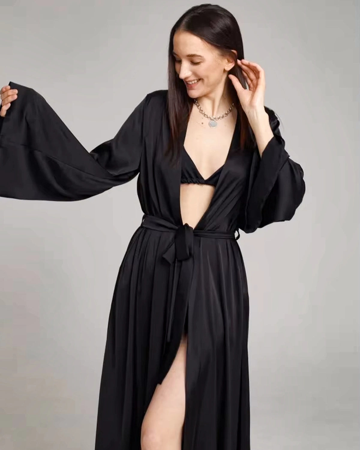 Luxury Long Silk Robe For Women, Black