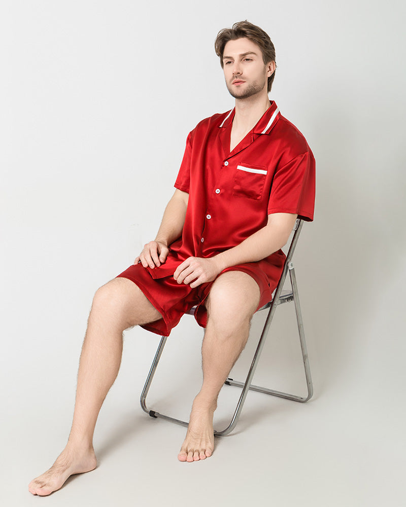 Men's Classic Silk Short Pajamas Set, Red