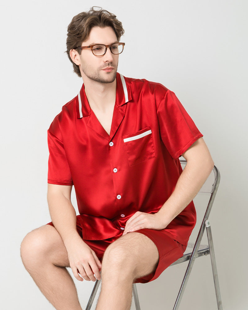 Men's Classic Silk Short Pajamas Set, Red