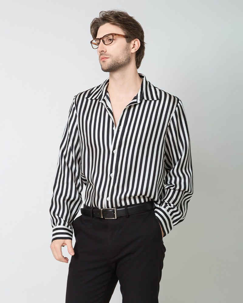 Men's Silk Basic Striped Shirt, Black and White