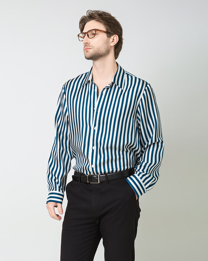 Men's Silk Basic Striped Shirt, Navy
