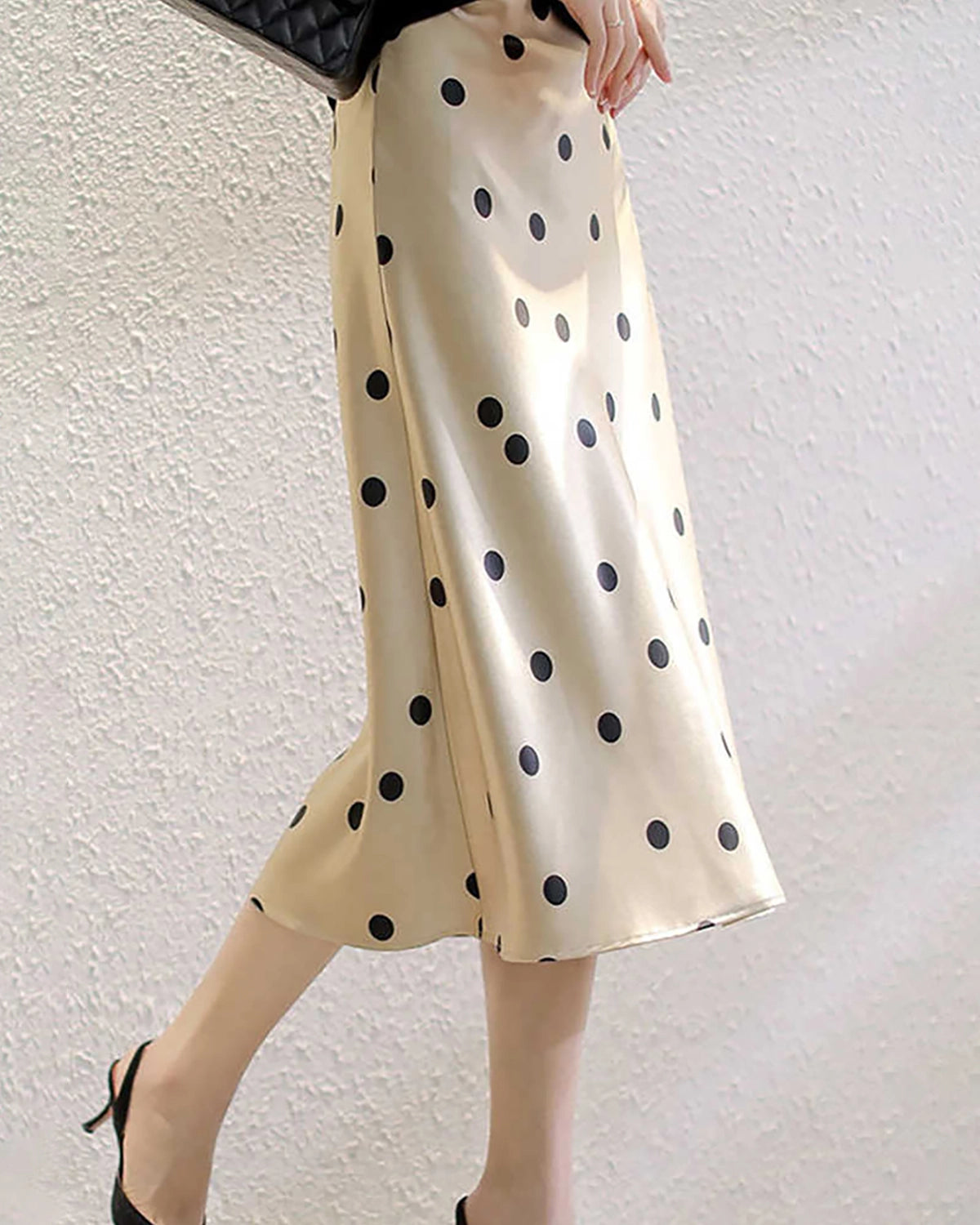 Polka Dot Silk Midi Skirt, Champagne