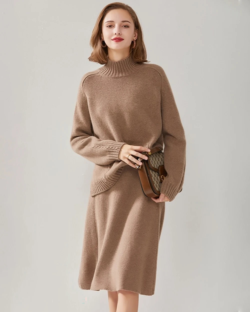 Oversized Mock Neck Cashmere Sweater, Brown