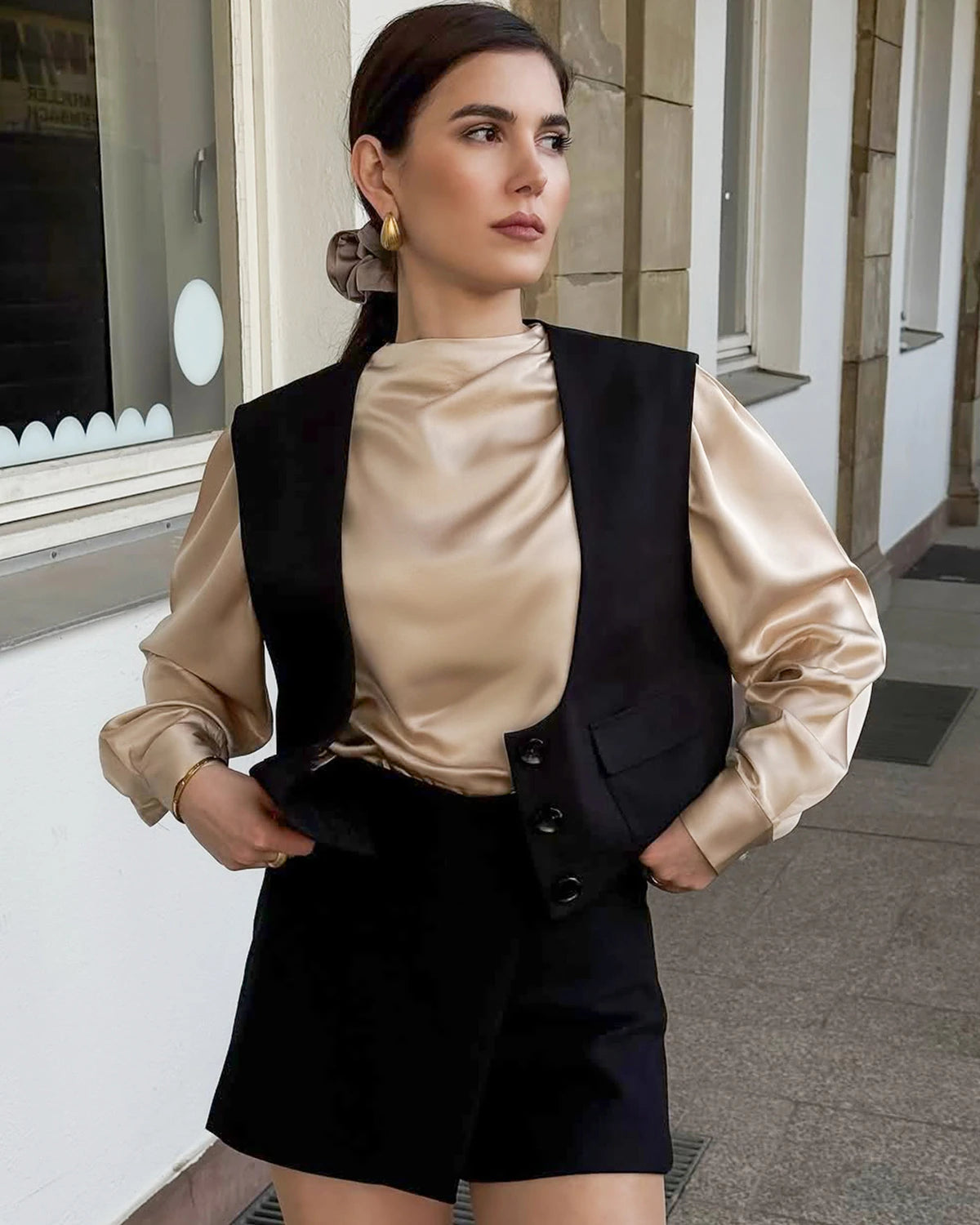 Mock Neck Silk Blouse with Pearl Button, Champagne