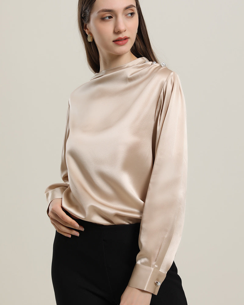 Mock Neck Silk Blouse with Pearl Button, Champagne