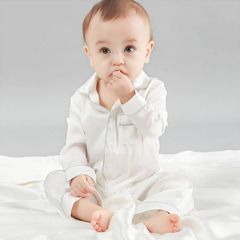One-piece Baby Silk Pajamas, White and Blue
