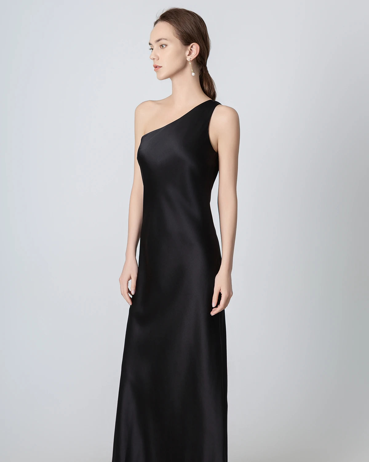 One Shoulder Maxi Silk Dress, Black