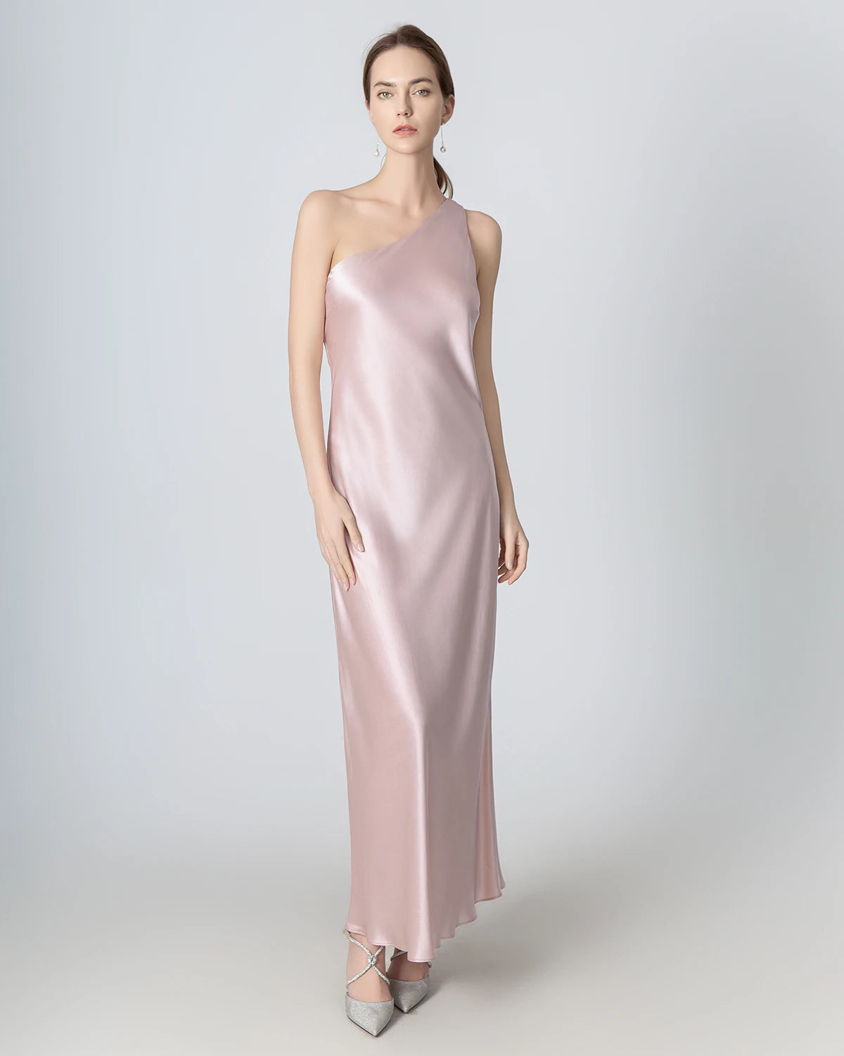 One Shoulder Maxi Silk Dress, Pink