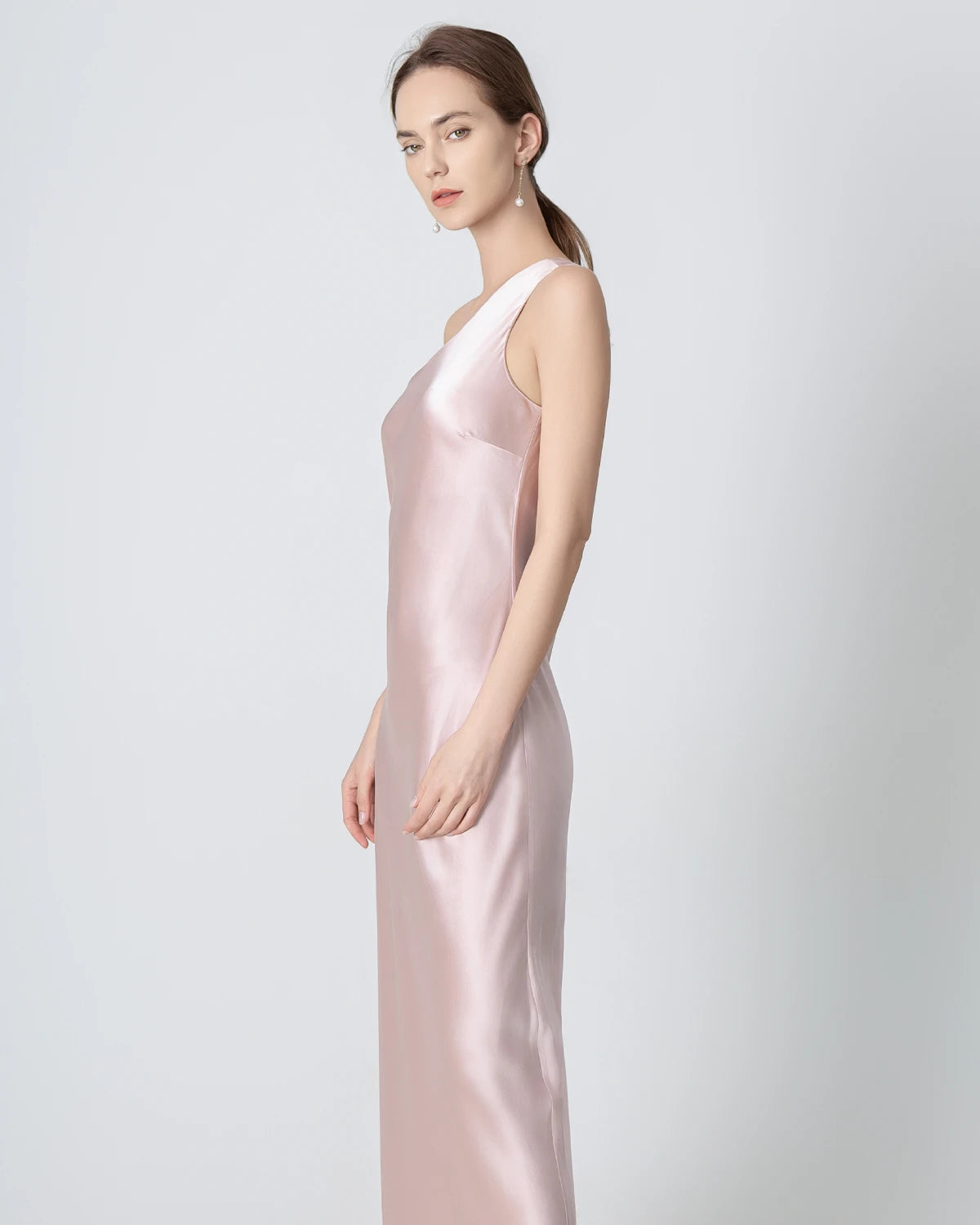 One Shoulder Maxi Silk Dress, Pink